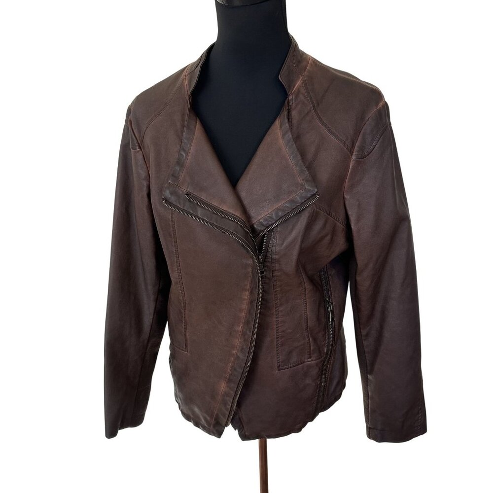 Steve Madden Womens Brown Biker Jacket Large Faux Leather Zip Up Asymmetrical